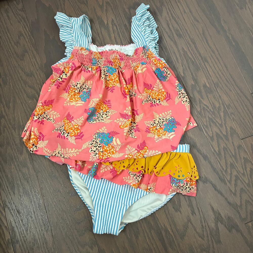 Matilda Jane Girls 2 Piece Swimsuit Floral Stripe Ruffle Bikini Set Size 12